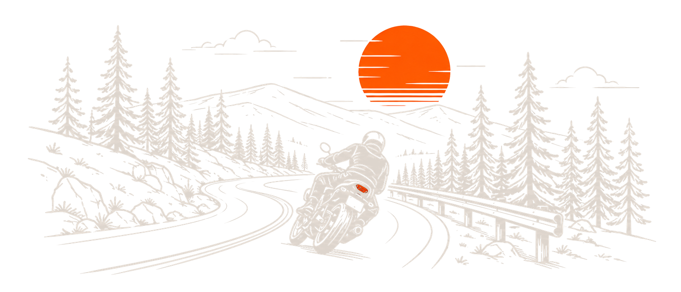 Line drawing of a rider leaning into a forest road at sunset